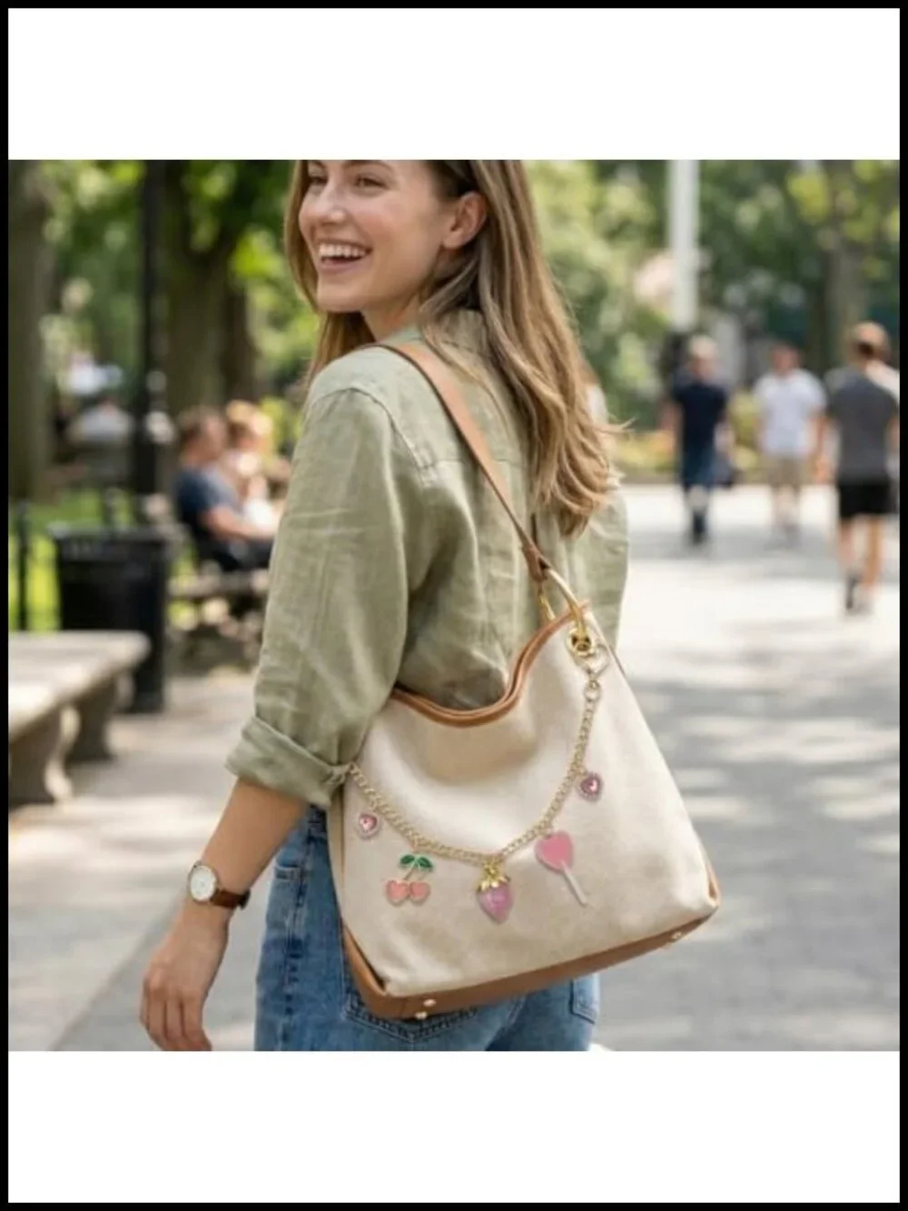 Purse Charm Bag Keychain with Gold Chain, Strawberry Cherry Kawaii Accessory